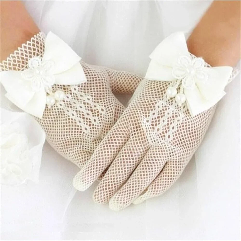 Women's White Pearl Flower Bow Tie Fish Net Gloves Wedding Party Prom